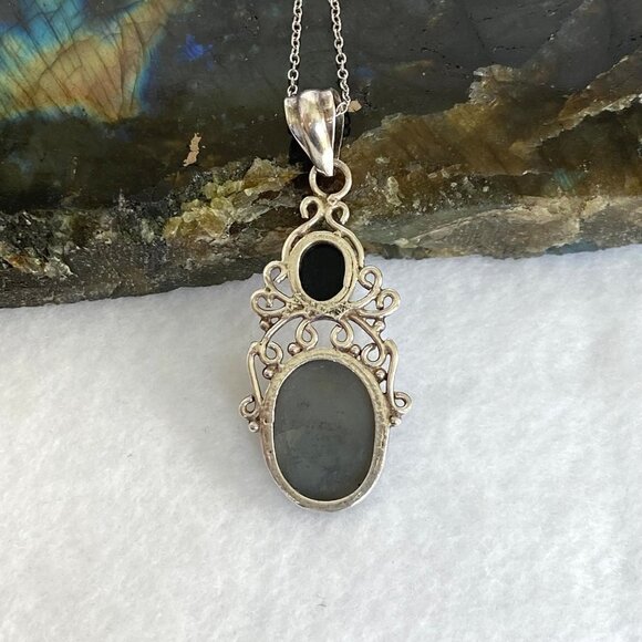 Sterling Silver 925 Oval Opal Titanium Druzy Scrollwork Pendant Necklace 18" - Picture 8 of 16